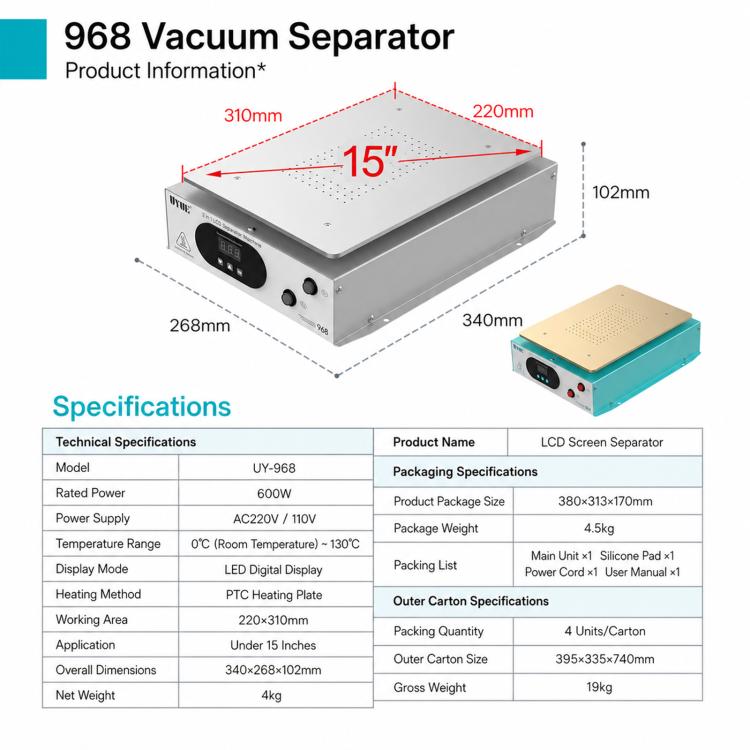 UYUE 968 15-inch LCD Screen Separator Machine Built-in Vacuum Pump, US Plug, EU Plug