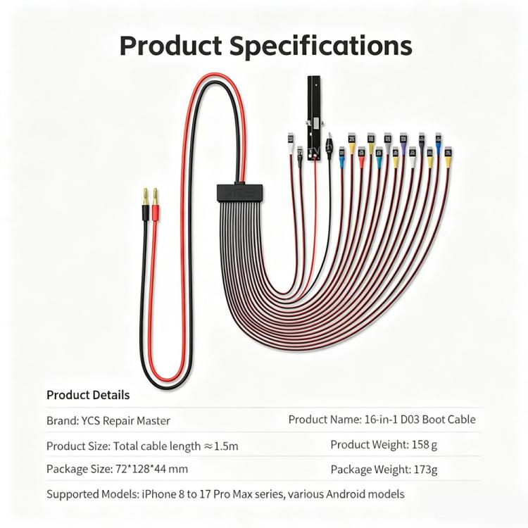 MR.YANG D03 16 in 1 Charging Boot DC Power Detection Cable for iPhone 8-17 Pro Max / Android, MR.YANG D03