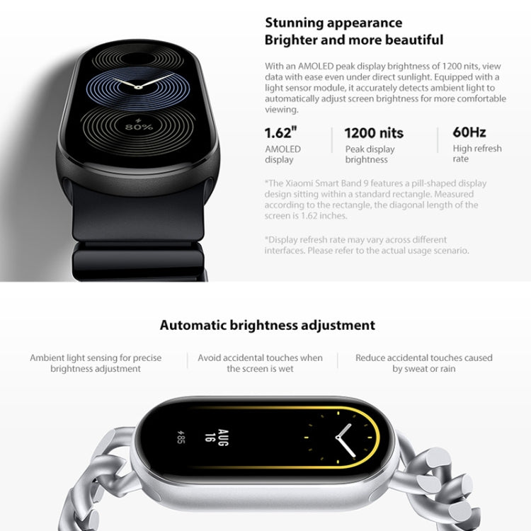 Original Xiaomi Smart Band 9 Global 1.62 inch AMOLED Screen 5ATM Waterproof Smart Watch, Support Blood Oxygen / Heart Rate Monitor, Smart Band 9 Global Silver