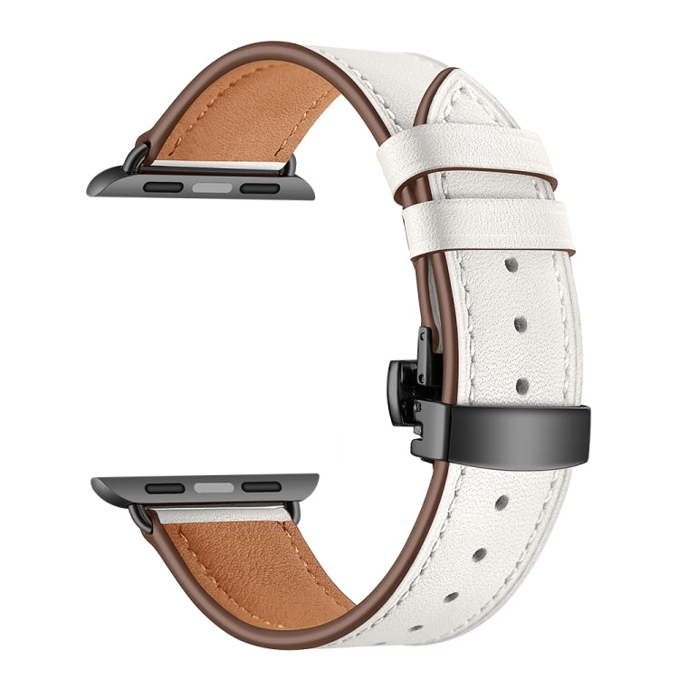 Genuine Leather + Butterfly Black Buckle Replacement Watchbands For Apple Watch Series 6 & SE & 5 & 4 44mm / 3 & 2 & 1 42mm, Black Buckle For Apple Watch Series 7 45mm / 6 & SE & 5 & 4 44mm / 3 & 2 & 1 42mm