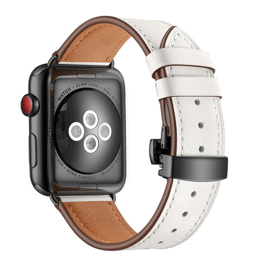 Genuine Leather + Butterfly Black Buckle Replacement Watchbands For Apple Watch Series 6 & SE & 5 & 4 40mm / 3 & 2 & 1 38mm, Black Buckle For Apple Watch Series 8&7 41mm / SE 2&6&SE&5&4 40mm / 3&2&1 38mm                                                 ...