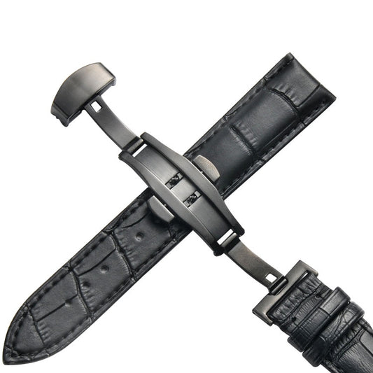 Classic Cowhide Leather Black Butterfly Buckle Replacement Strap Watchband, 14mm, 16mm, 18mm, 20mm, 22mm