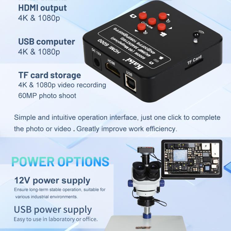 Kaisi HDMI 6000 HDMI / USB Dual Interface 60MP 4K Ultra HD Microscope Industrial Camera, US Plug, EU Plug