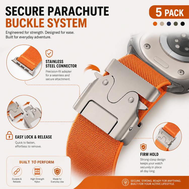 5 Pack xDfind Parachute Buckle Stretch Nylon Watch Band, For Apple Watch 42 / 44 / 45 / 46 / 49mm, For Apple Watch 38 / 40 / 41 / S11 42mm