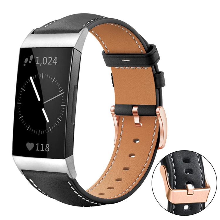 xDfind Rose Gold Buckle Black Shark Fine Grain Vegan Leather Watch Band, For Fitbit Charge 6 / 5, For Fitbit Versa 4 / 3 / Sense2 / 1, For Fitbit Charge 4 / 3