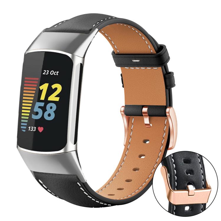 xDfind Rose Gold Buckle Black Shark Fine Grain Vegan Leather Watch Band, For Fitbit Charge 6 / 5, For Fitbit Versa 4 / 3 / Sense2 / 1, For Fitbit Charge 4 / 3