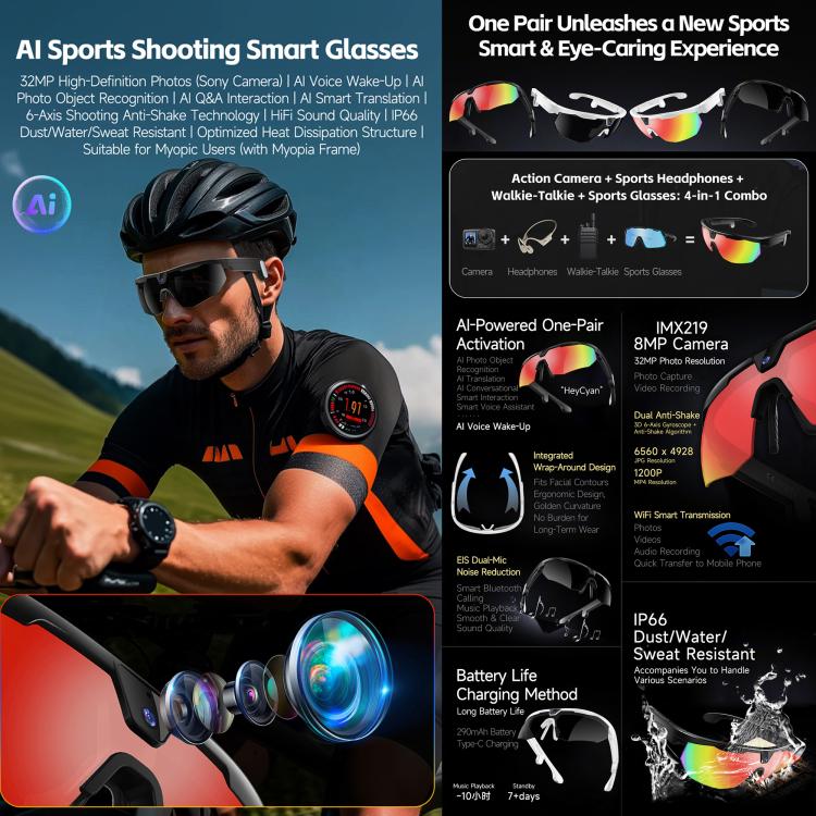W640 8MP Cycling Smart AI Sports Glasses, Six-axis Image Stabilization, Wi-Fi, Touch Control, Dual Mic Noise Reduction, AI Translation