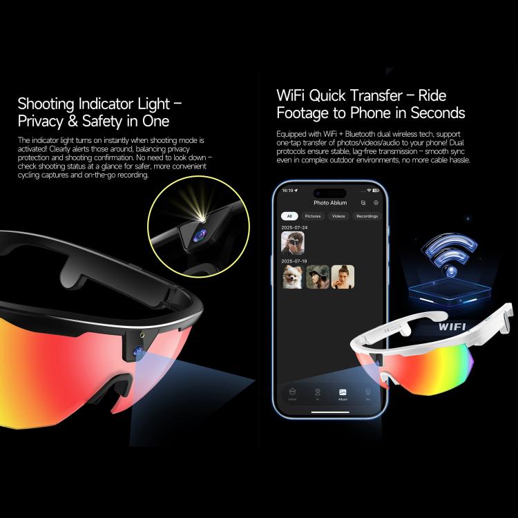 W640 8MP Cycling Smart AI Sports Glasses, Six-axis Image Stabilization, Wi-Fi, Touch Control, Dual Mic Noise Reduction, AI Translation