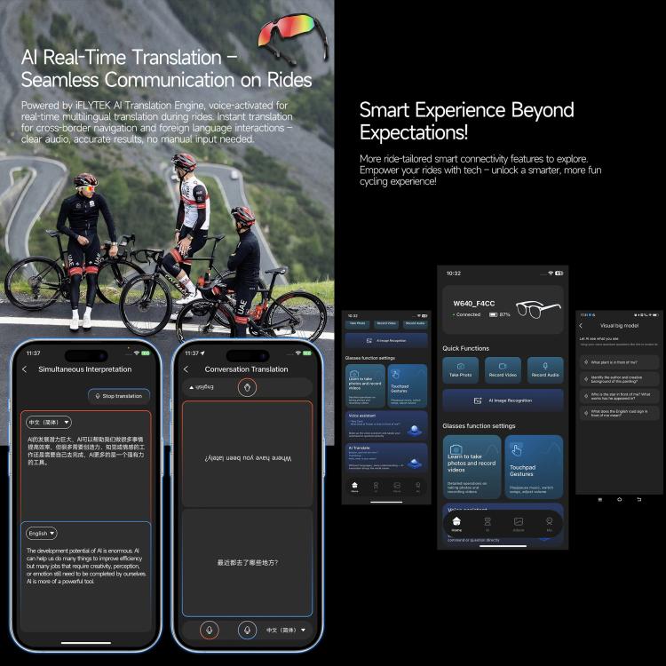 W640 8MP Cycling Smart AI Sports Glasses, Six-axis Image Stabilization, Wi-Fi, Touch Control, Dual Mic Noise Reduction, AI Translation