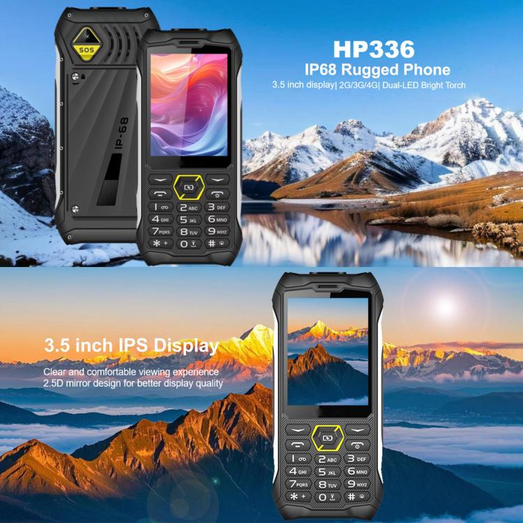 HP336 4G IP68 Rugged Phone, 3.5 inch, 4500mAh Battery, Network: 4G, BT, FM, SOS, Torch, EU Plug, US Plug, UK Plug