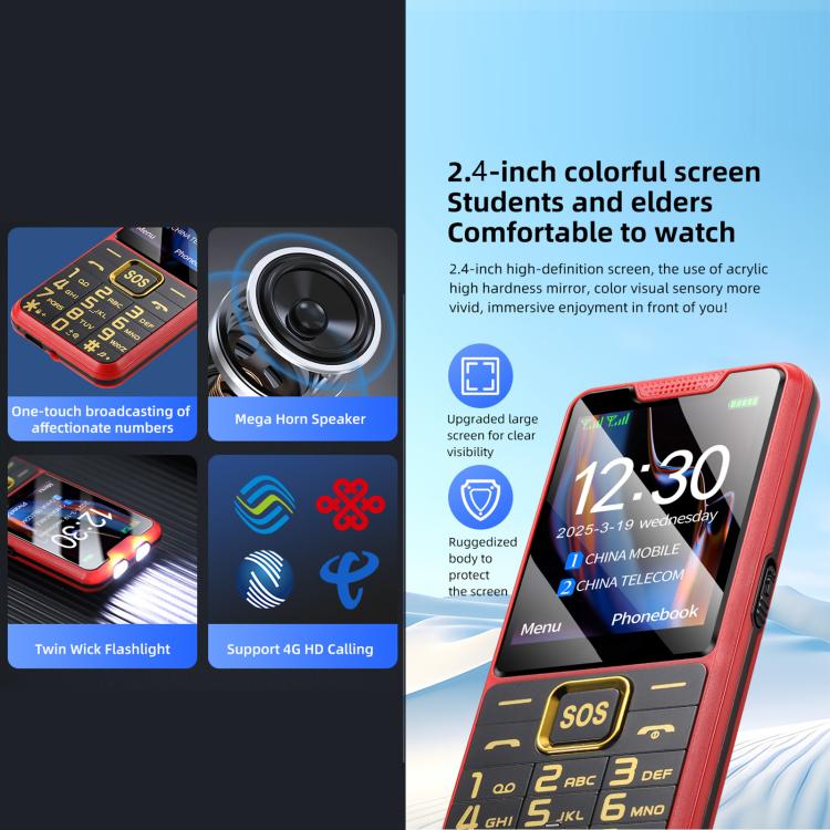 YEEMI K3+ 4G Keypad Phone, 2.4 inch, LED Flashlight, Big Keyboard Big Fonts, SOS, Network: 4G, Dual SIM