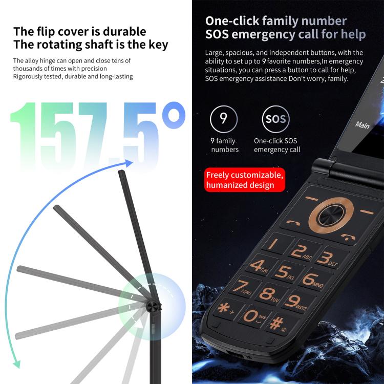 S7 4G Flip Keypad Phone, 2.4 inch + 1.44 inch, 4800mAh Battery, LED Flashlight, SOS, Network: 4G, Dual SIM