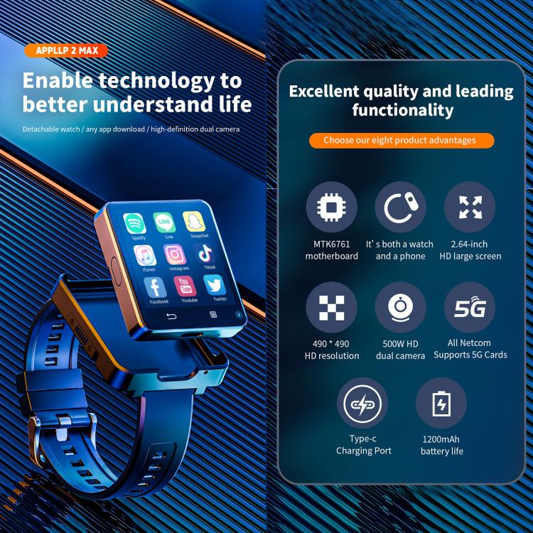 LOKMAT APPLLP 2 Max 4G Smart Watch, 2.64 inch MTK6761 Quad Core, 4GB+64GB, Android 11.0, GPS, Video Call