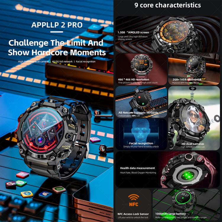 LOKMAT APPLLP 2 Pro 4G Smart Watch,1.508 inch SC8541E Quad Core, 4GB+64GB, Android 8.1, Video Call
