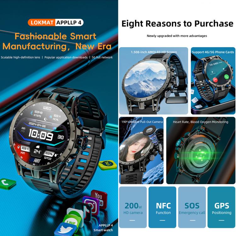 LOKMAT APPLLP 4 4G Smart Watch, 1.58 inch SC8541E Quad Core, 3GB+32GB, Android 8.1, GPS, Heart Rate, Blood Oxygen, Blood Pressure Monitoring, NFC