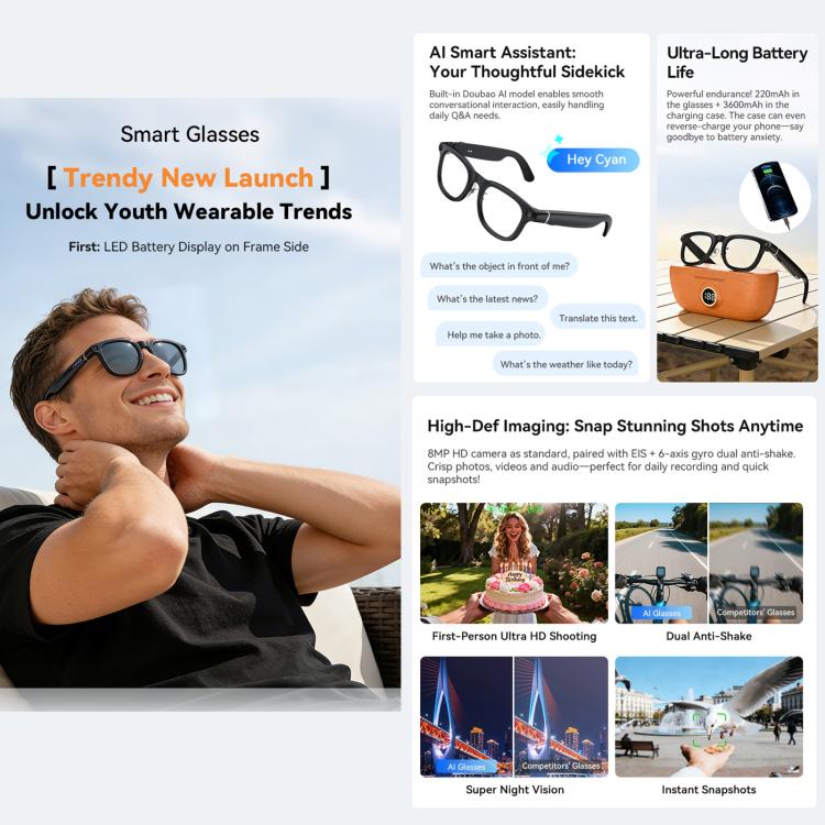 X01 Cycling Smart AI Sports Glasses 8MP HeyCyan, Six-axis Image Stabilization, Wi-Fi, BT Call, AI Voice Assistant, AI Translation