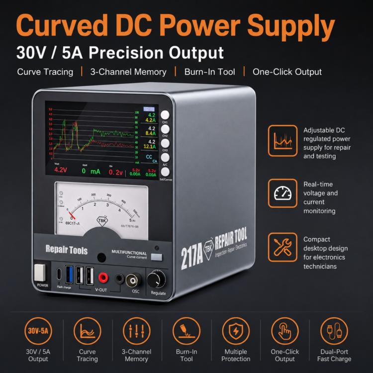 TBK 217A 30V / 5A 3-Channel Storage Curved DC Regulated Power Supply with Hyperbola Display, US Plug, UK Plug, EU Plug, AU Plug