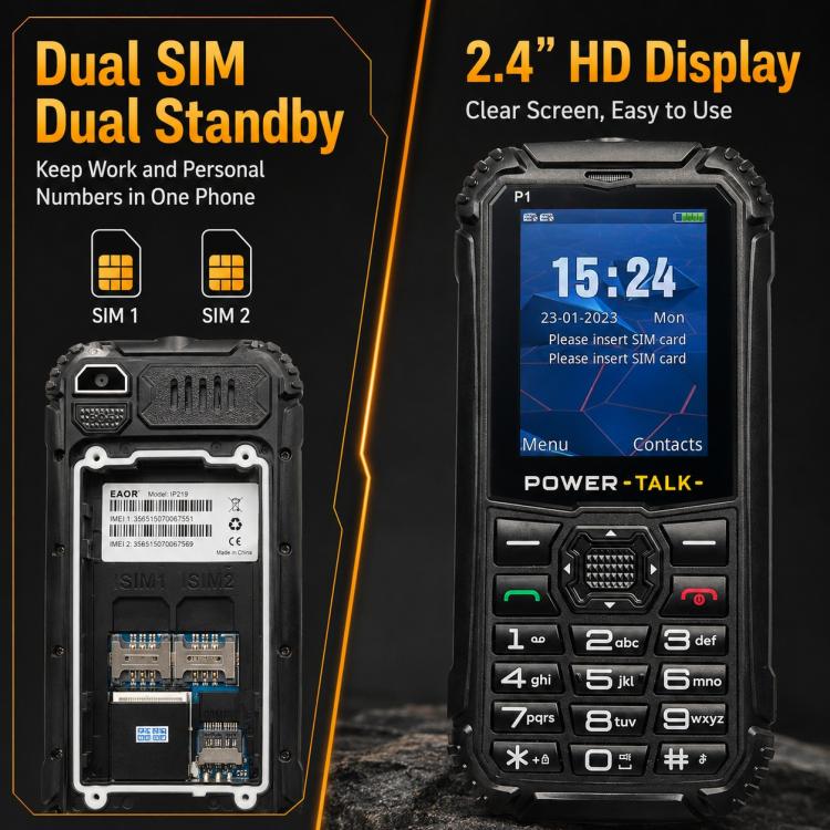 HP219 IP68 Rugged Phone, 2.4 inch, SC6531E, Network: 2G, BT, FM, SOS, Torch, EU Plug, US Plug, UK Plug