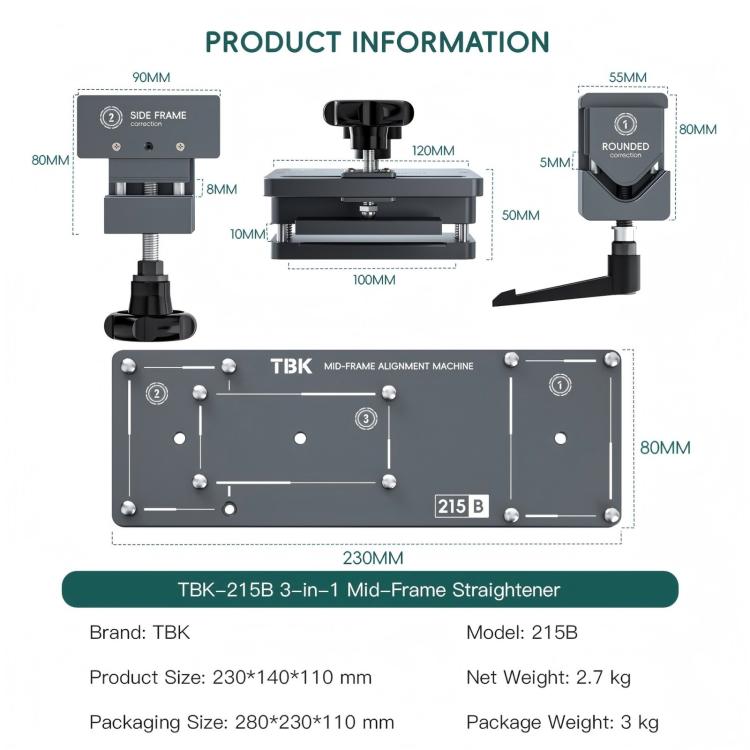 TBK TBK-215B 3 in 1 Phone Rounded-Corner / Mid-Frame / Side-Frame Straightener, TBK-215B