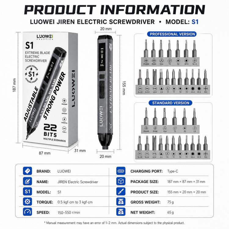 LUOWEI Adjustable Torque Electric Screwdriver Set, S1, S1 Pro