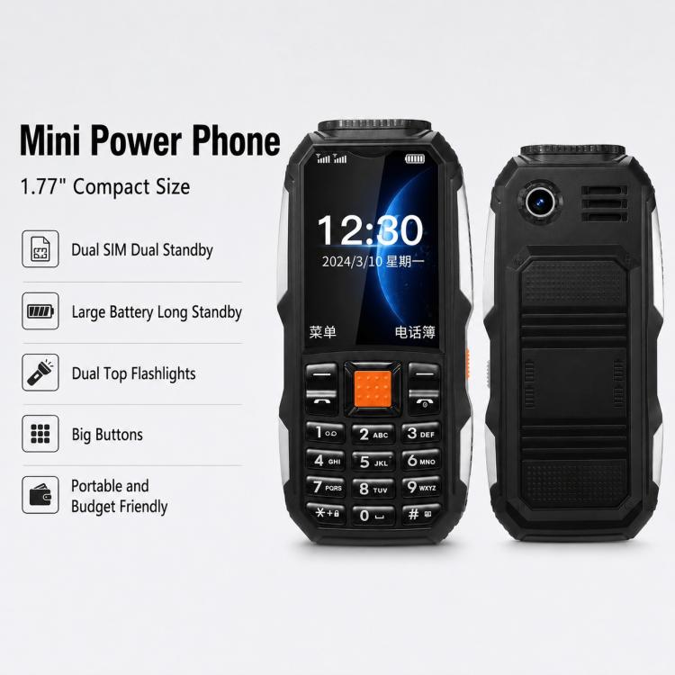 W2022 Rugged Phone, 1.77 inch, SC6531DA, Network: 2G, Dual SIM, BT, Torch