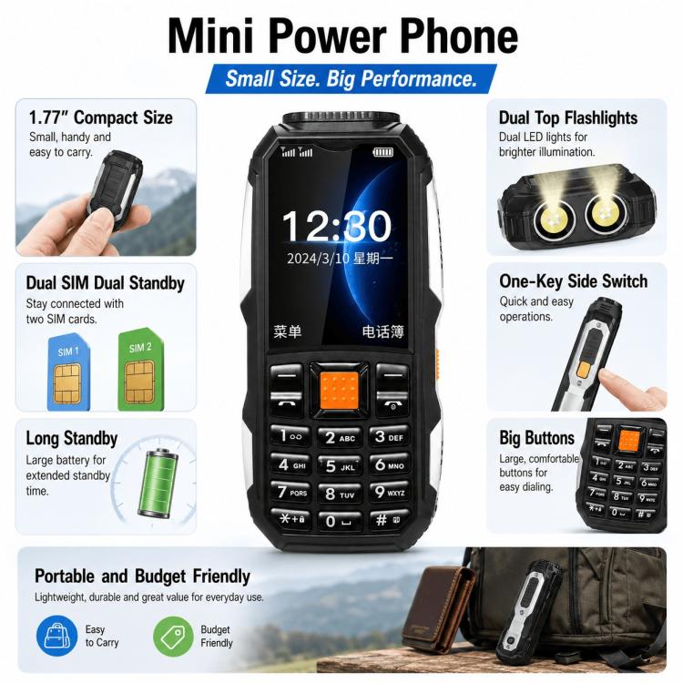 W2022 Rugged Phone, 1.77 inch, SC6531DA, Network: 2G, Dual SIM, BT, Torch