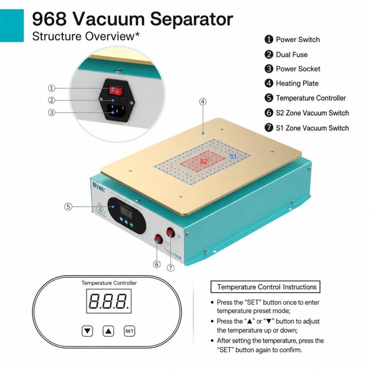 UYUE 968 15-inch LCD Screen Separator Machine Built-in Vacuum Pump, US Plug, EU Plug