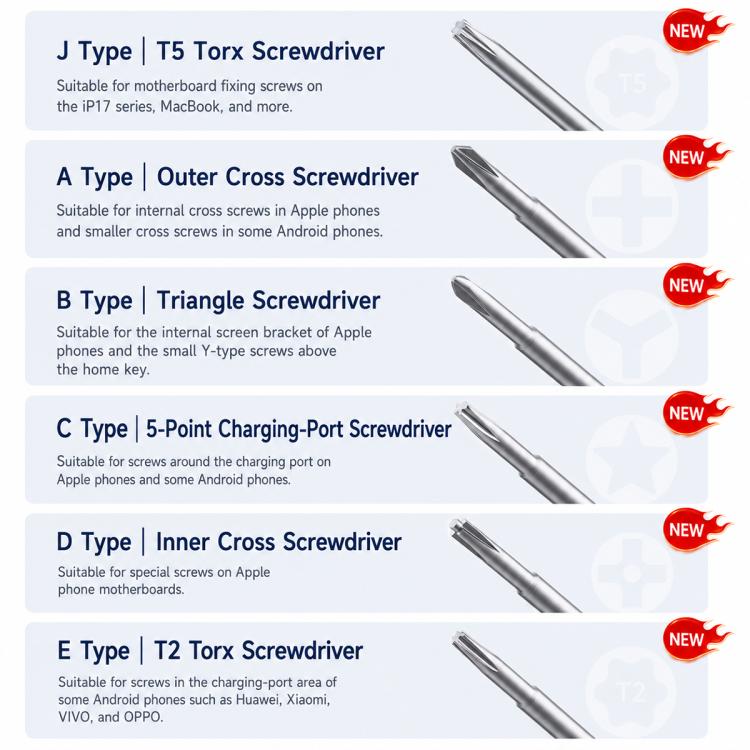 MEGA-IDEA 2D Throne Non-slip Aluminum Alloy Precise Screwdriver, A 1.3, B 0.7, C 0.8, D 2.5, E T2, F 1.5, G 1.0, H P5, I T3, J T5, O K