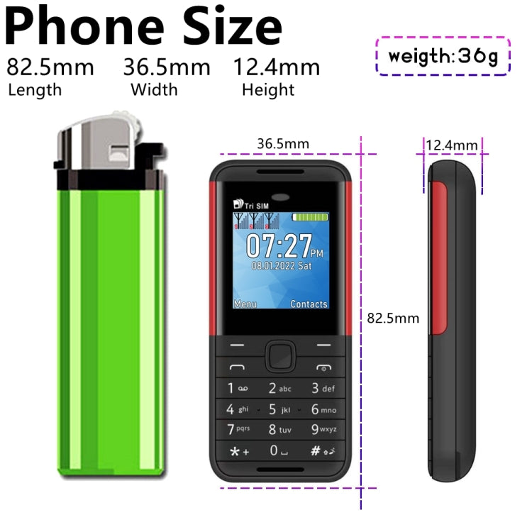 1.33 inch, MTK6261D, 21 Keys, Support Bluetooth, FM, Magic Sound, Auto Call Record, GSM, Triple SIM, English Key