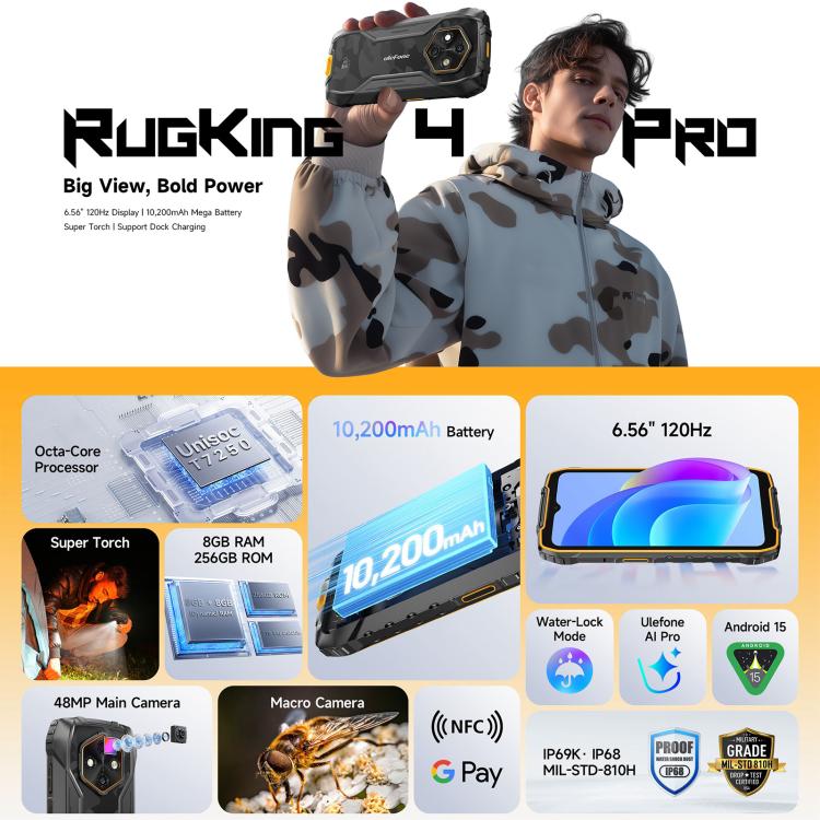Ulefone RugKing 4 Pro, 8GB+256GB, IP68/IP69K Rugged Phone, 6.56 inch Android 15 Unisoc T7250 Octa Core, Network: 4G, NFC, OTG, RugKing 4 Pro, RugKing 4 Pro, 8GB+256GB