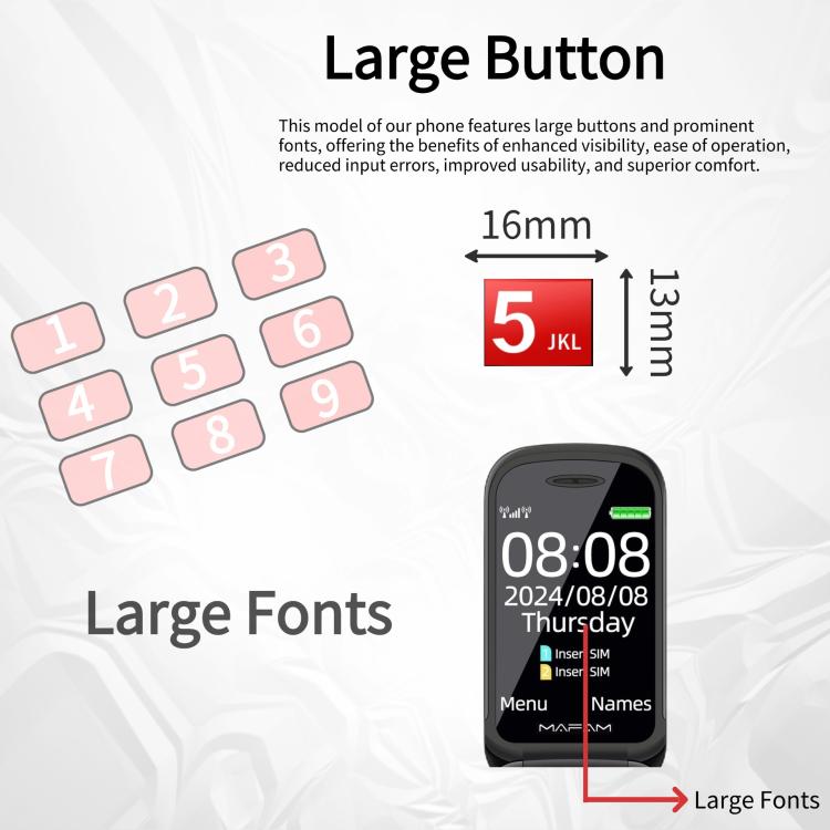 Mafam F899 Flip Phone, 2.4 inch, 32MB+32MB, Support FM, SOS, GSM, Family Number, Big Keys, Dual SIM, UK Plug, UK Plug