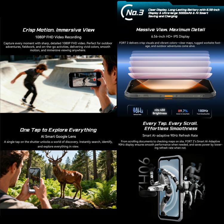 Blackview FORT 2 Rugged Phone, 8GB+256GB, 6.56 inch Android 15 MediaTek MT6769V/CB Helio G81 Octa Core, Network: 4G, OTG, NFC, 8GB+256GB