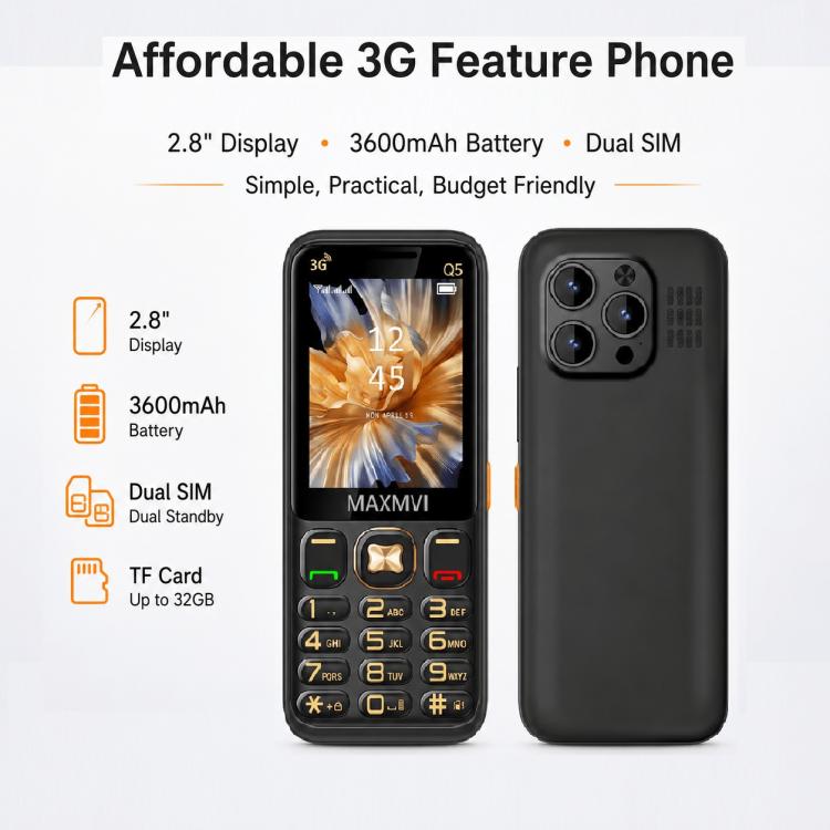 Q5 3G Key Phone, 3600mAh Battery, 2.4 inch, SOS, 21 Keys, Dual SIM, Network: 3G, Support Whatsapp, Facebook