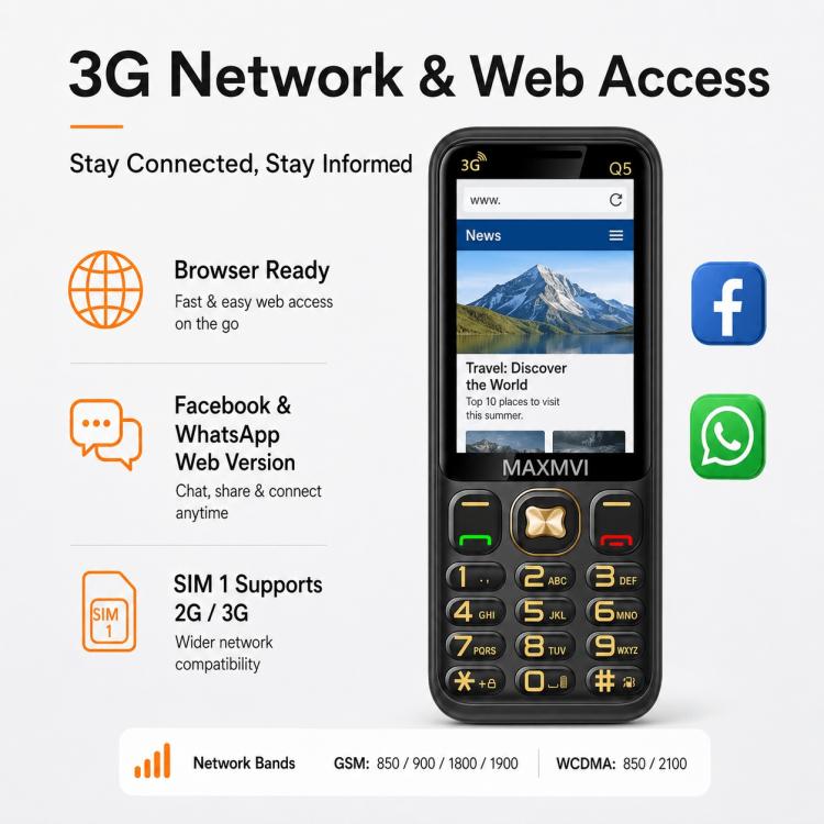 Q5 3G Key Phone, 3600mAh Battery, 2.4 inch, SOS, 21 Keys, Dual SIM, Network: 3G, Support Whatsapp, Facebook