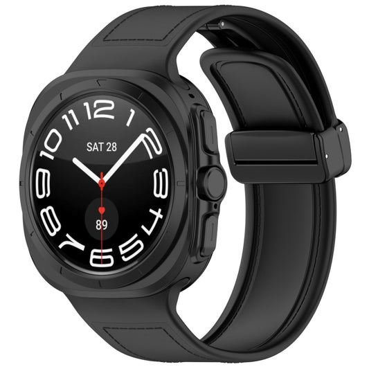 For Samsung Galaxy Watch Ultra 47mm Magnetic Folding Buckle Silicone Leather Watch Band, Black, Gray, Orange, Green, Light Brown, Dark Blue