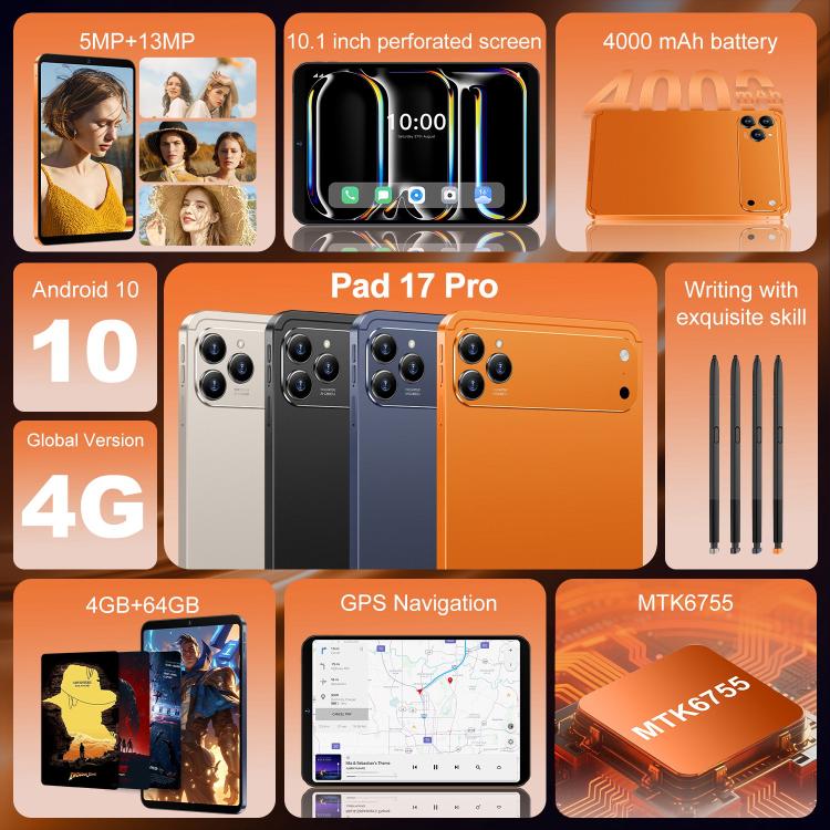 Pab 17 Pro 10.1 inch 4G LTE Tablet PC, 4GB+64GB, Android 10 MTK6755 Octa Core, EU Plug, EU Plug