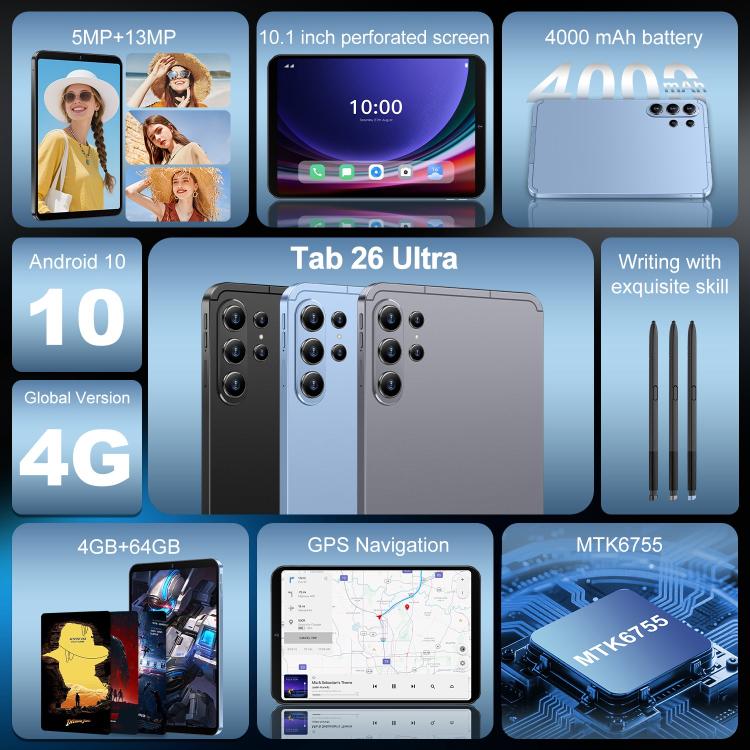 Tab 26 Ultra 10.1 inch 4G LTE Tablet PC, 4GB+64GB, Android 10 MTK6755 Octa Core, EU Plug, EU Plug