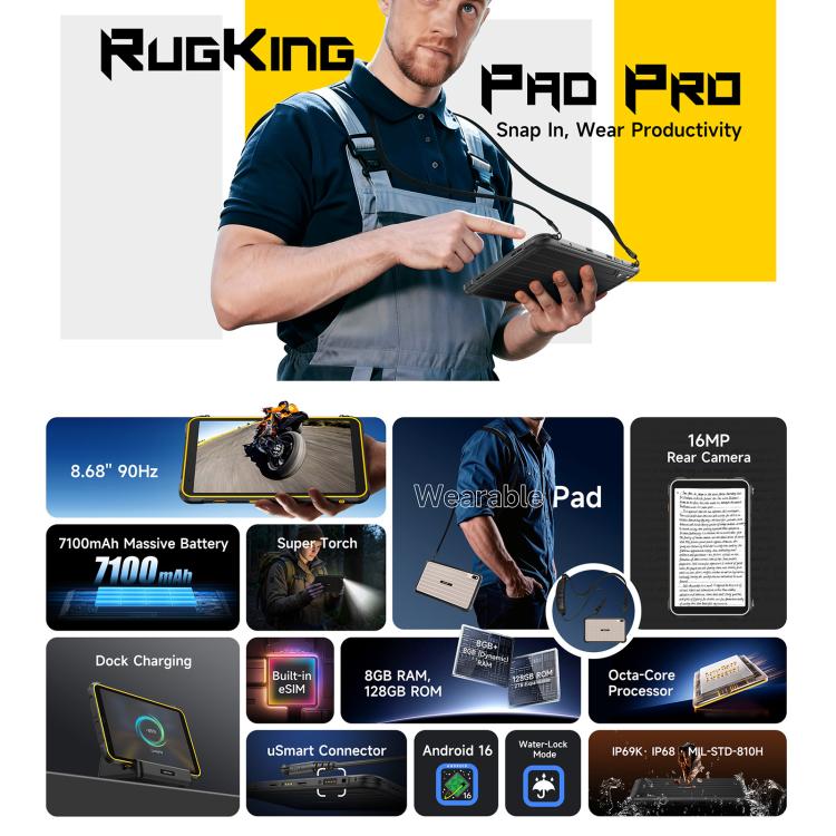 Ulefone Rugking Pad Pro Rugged Tablet PC, 8GB+128GB, 8.68 inch Android 16 Unisoc T7250 Octa Core 4G Network, EU Plug